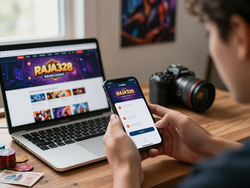 RAJA328 login interface displayed on a smartphone, capturing the excitement of online gaming and betting.