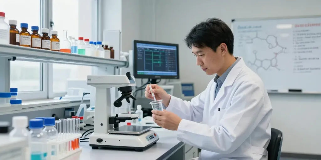 SwissChems laboratory scene showcasing a scientist measuring high-purity peptides, emphasizing research integrity and quality.