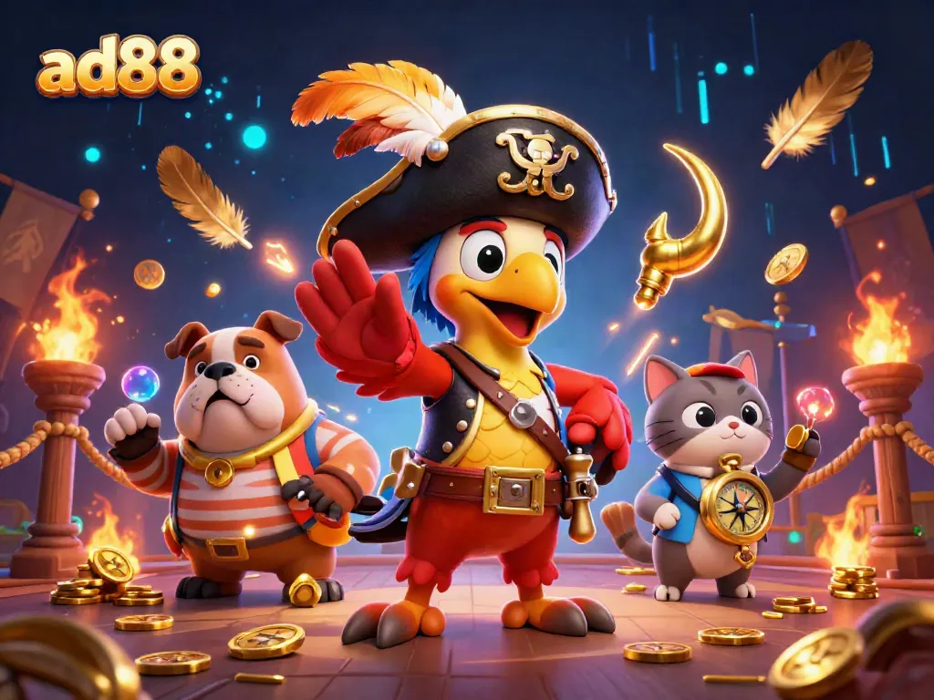Engage in thrilling gaming with ad88, featuring vibrant characters and dynamic elements in an exciting casino environment.