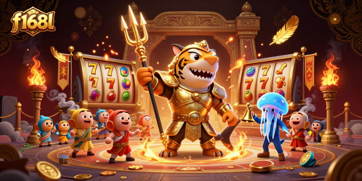 Experience exciting gameplay at f168l with colorful slot reels and a fierce gladiator shark!