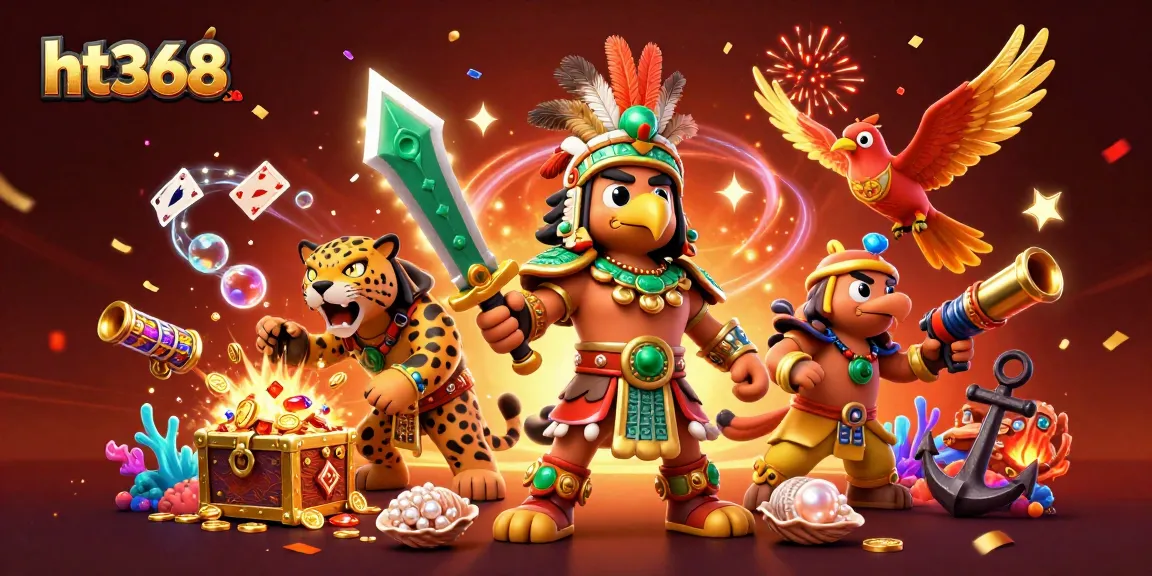 Engage in vibrant gambling fun with ht368's dynamic casino scene featuring slot reels and Aztec warriors.