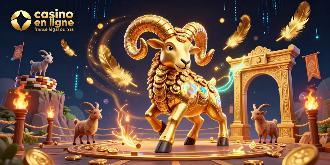 Visualisez un casino en ligne en France légal ou pas avec un impressionnant bélier doré, encadré par des pièces d'or et des éléments de jeu.