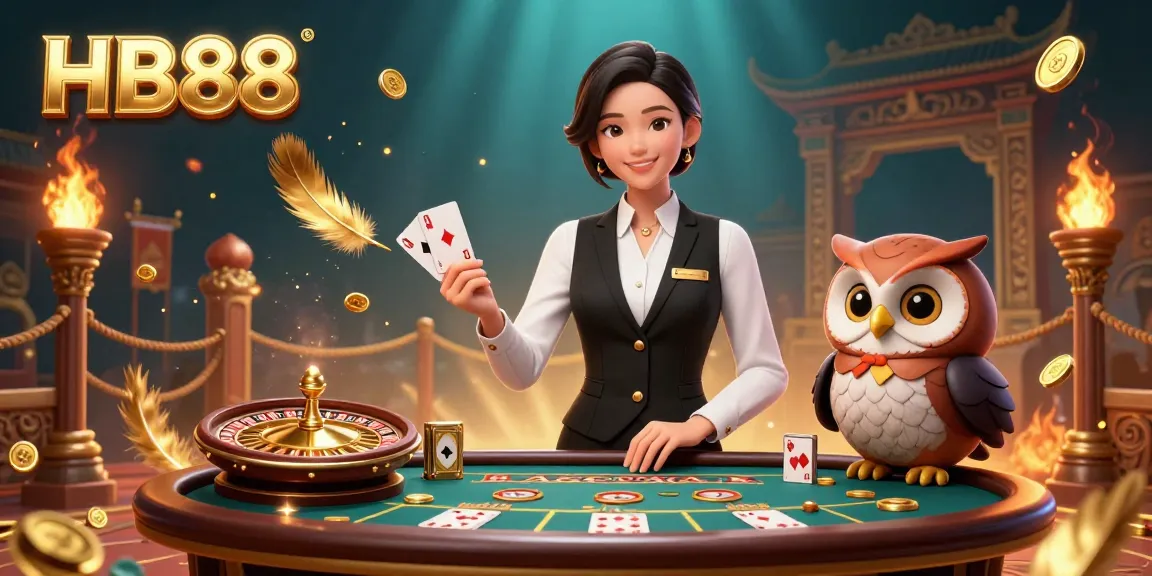 Experience the excitement of HB88 with a professional dealer at a baccarat table, surrounded by gambling elements.