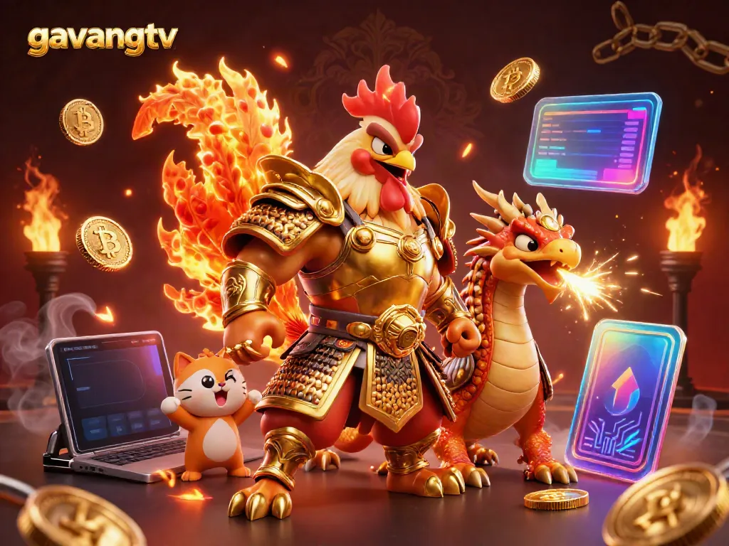 Experience thrilling moments on gavangtv with a powerful rooster warrior and dragon amidst glowing crypto symbols.
