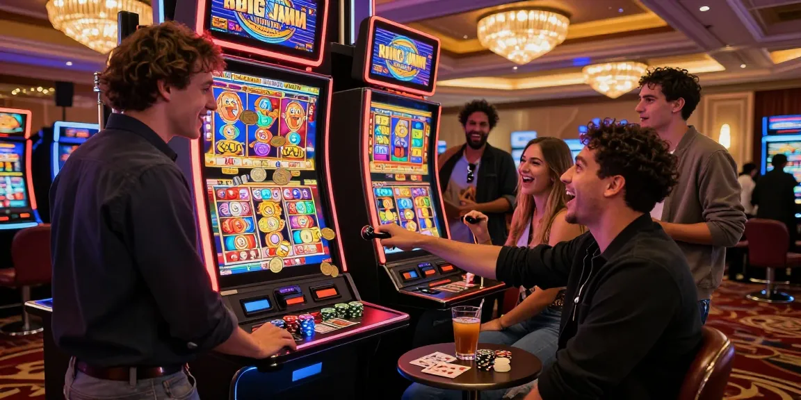 Group celebrating a slot jackpot win at an exciting casino, capturing vivid atmosphere