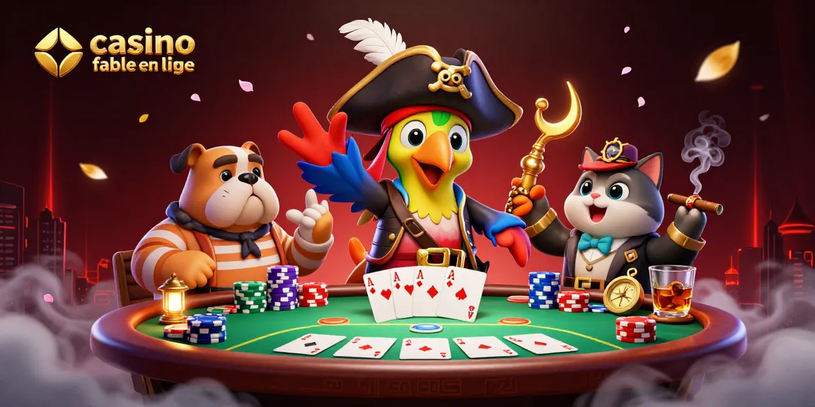 Illustration dynamique de casino fiable en ligne avec un capitaine pirate, bulldog et chat, entourés de jetons et cartes.