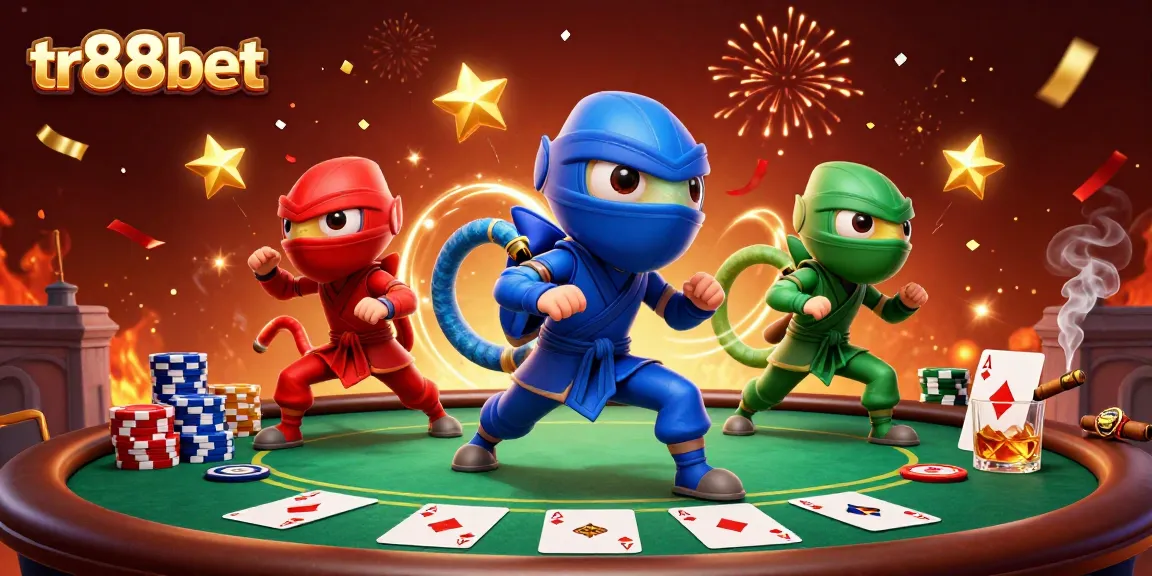 Experience thrilling gameplay at tr88bet with cartoon ninja chameleons in an action-packed casino scene.