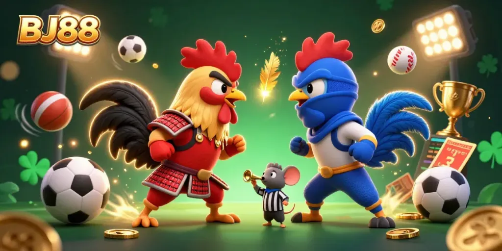 Experience BJ88's thrilling action with cartoon roosters in a dynamic gambling scene.