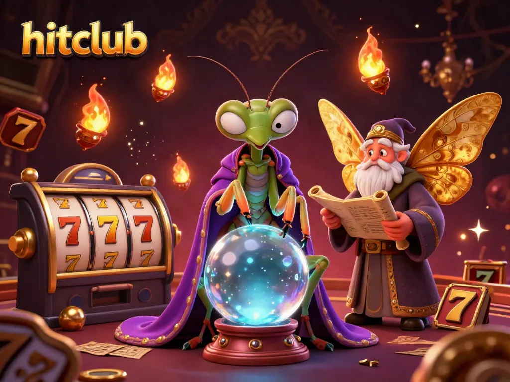 Play exciting casino games with hitclub, featuring vibrant slot reels and mystical characters.