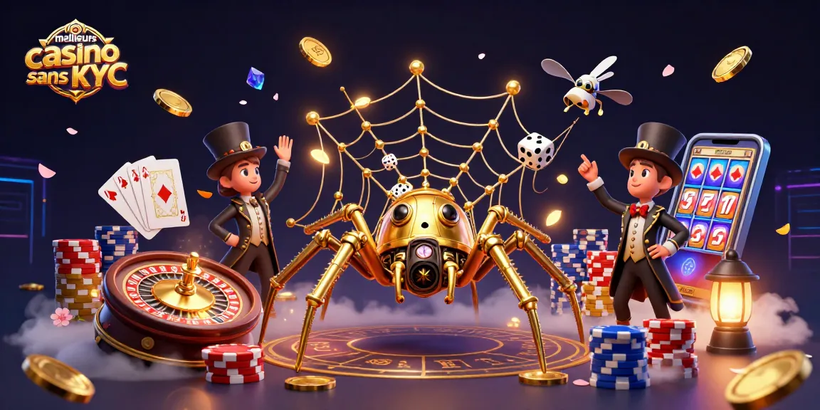 Plongez dans les meilleurs casinos sans KYC avec une illustration captivante d'une araignée steampunk jouant avec des dés et des jetons.