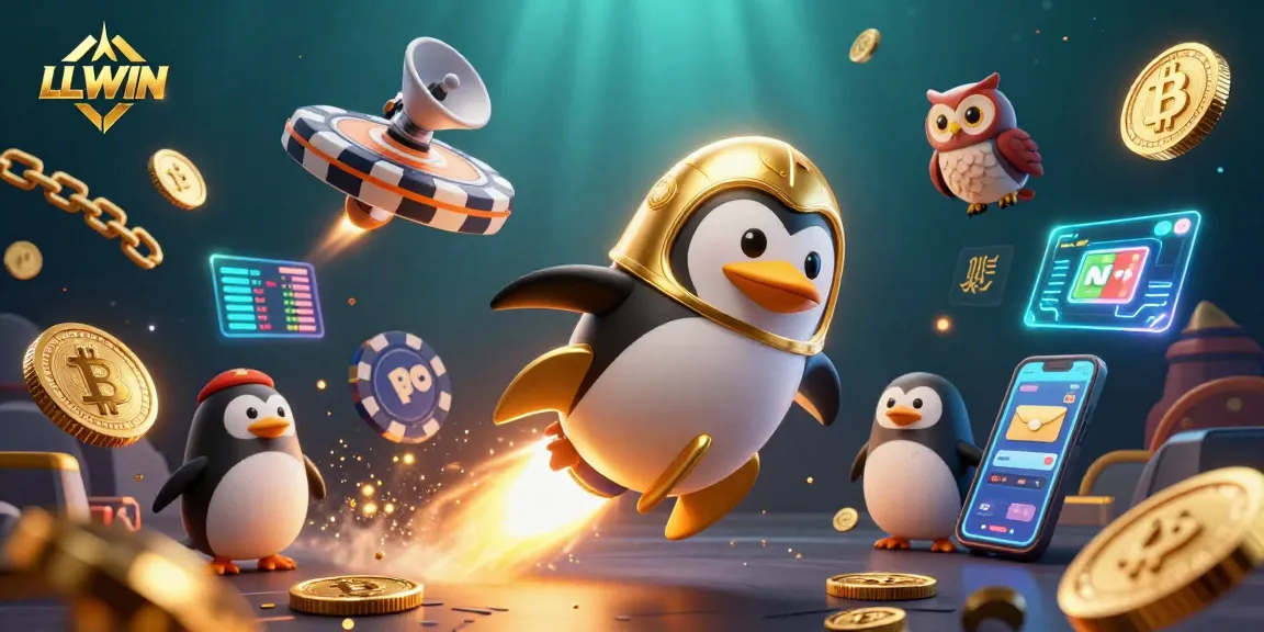 LLWIN showcases a golden penguin and poker chip spaceship in a vibrant casino universe.
