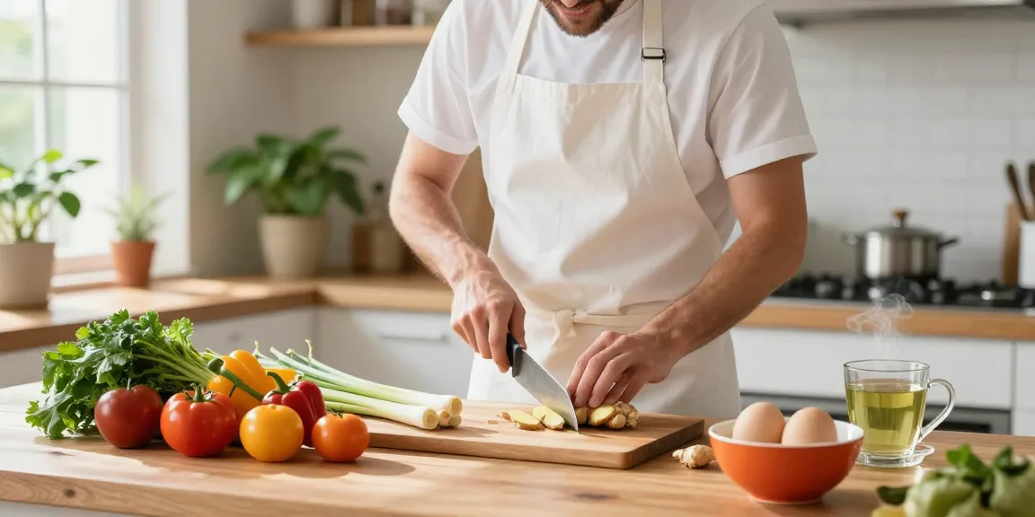 Healthy cooking scene featuring fresh ingredients like ginger, lemongrass, and eggs, perfect for สล็อต enthusiasts.