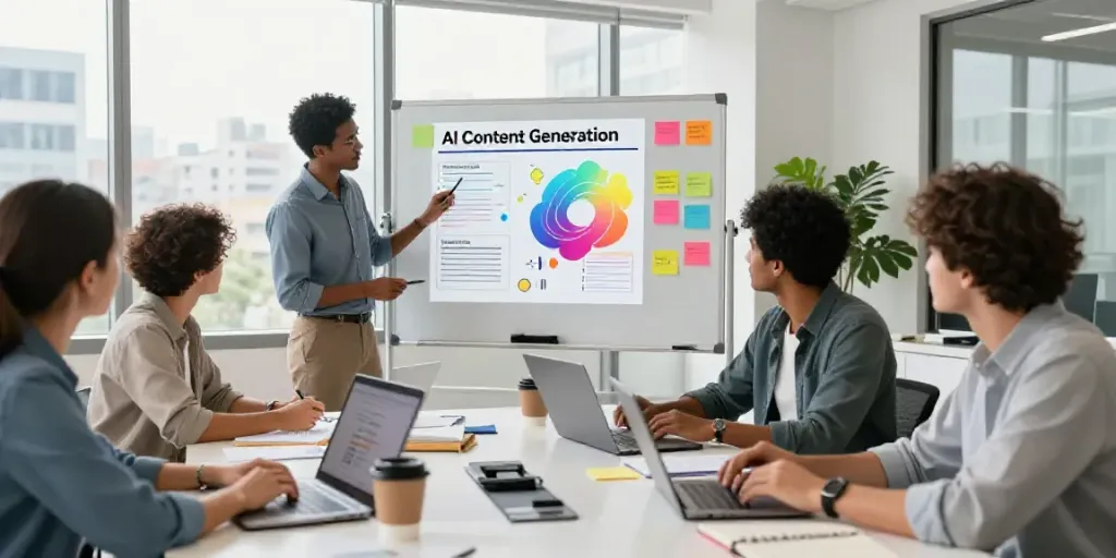 Dynamic team collaborating on AI content generation service strategies in a vibrant office.