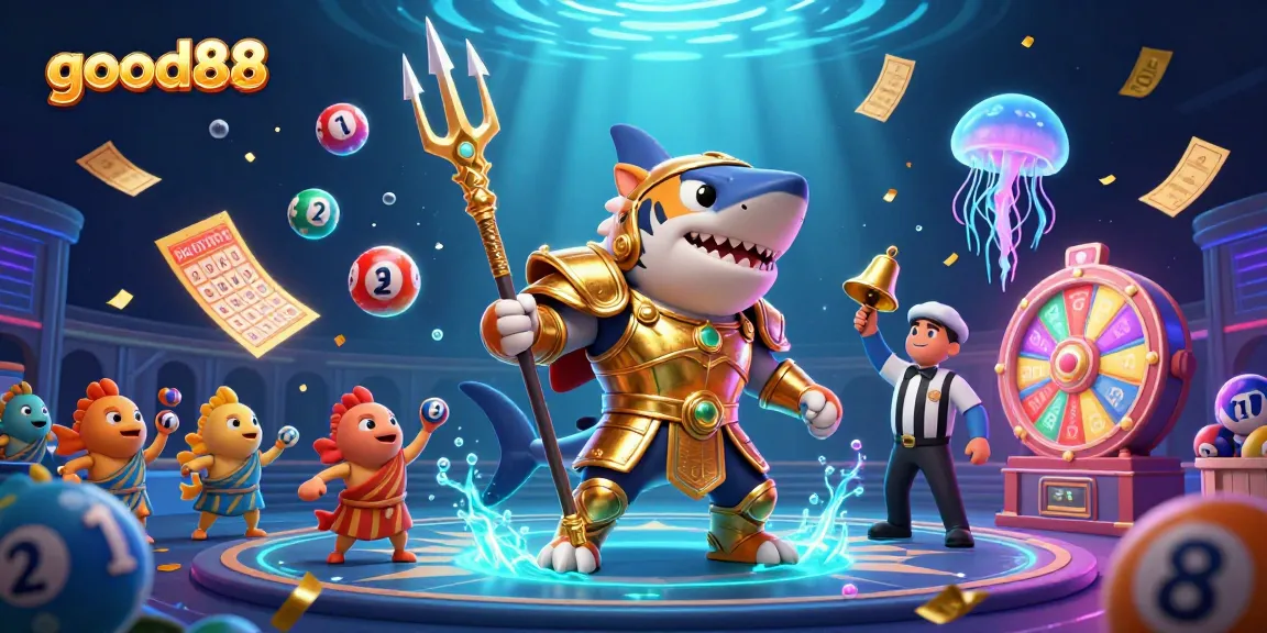 Experience thrilling gaming action with good88, featuring a dynamic underwater colosseum and vibrant lottery elements.