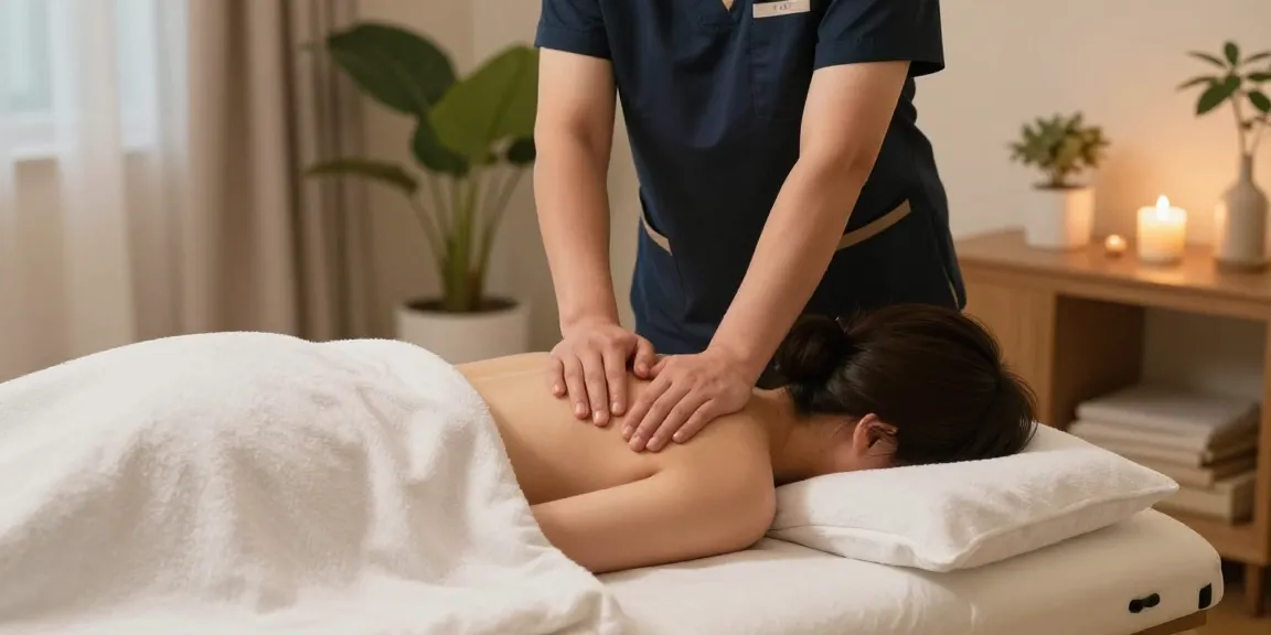 수원출장안마 전문가가 고급 마사지 테이블에서 편안한 환경에서 고객에게 마사지를 제공하는 장면
