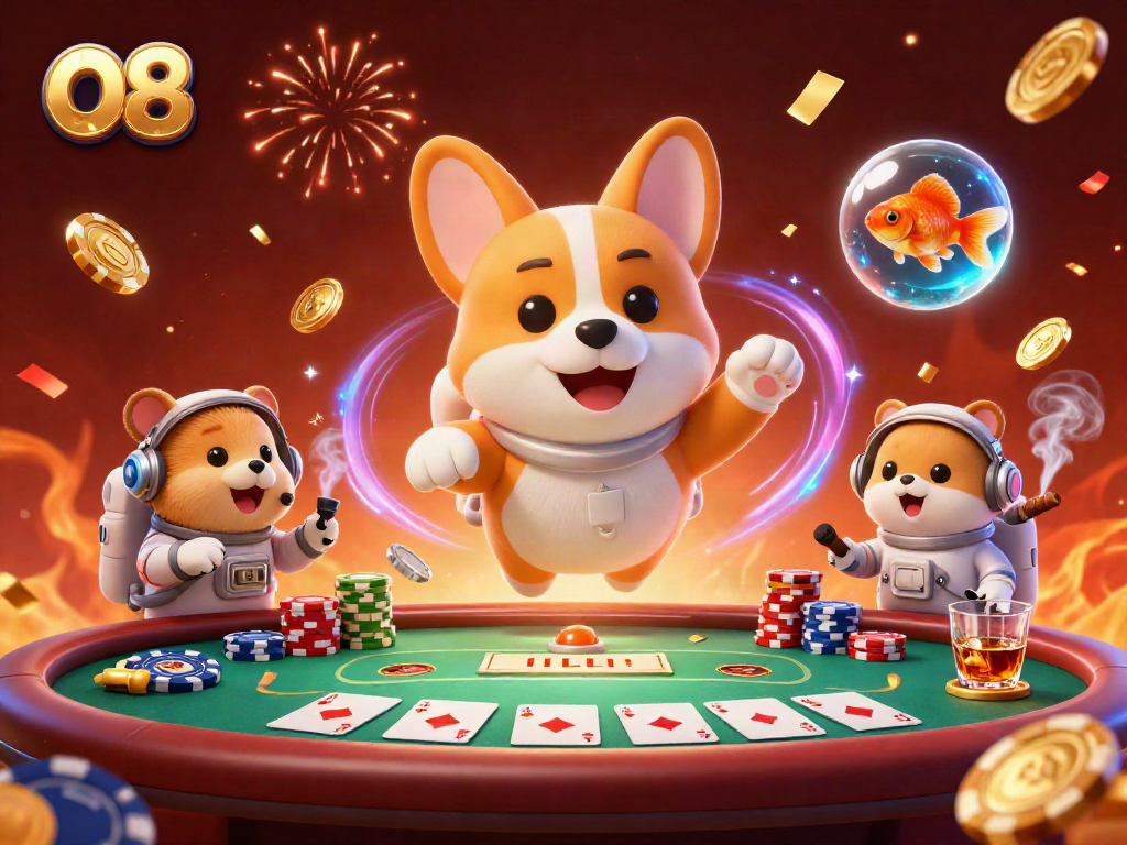 Engage in thrilling games at O8 as a cartoon astronaut corgi navigates a vibrant space station casino.