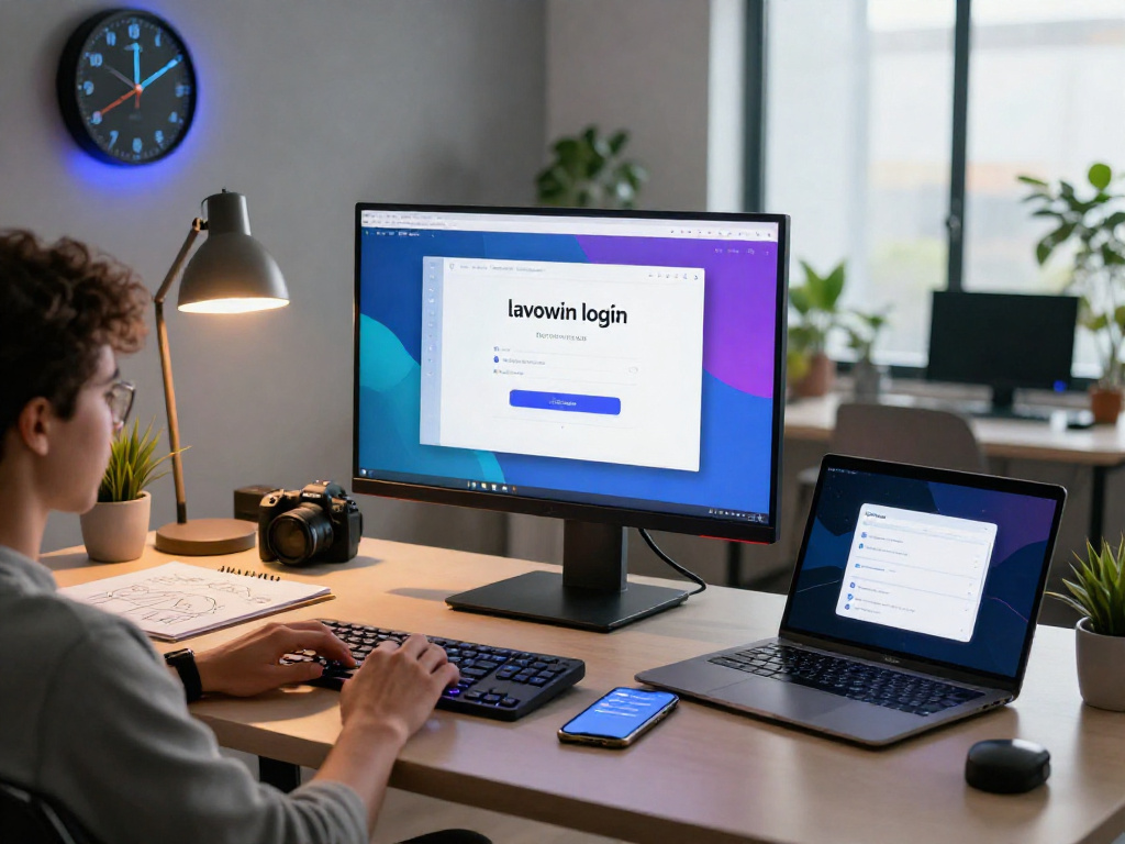 User engaging with lavowin login in a modern workspace featuring stylish tech elements.