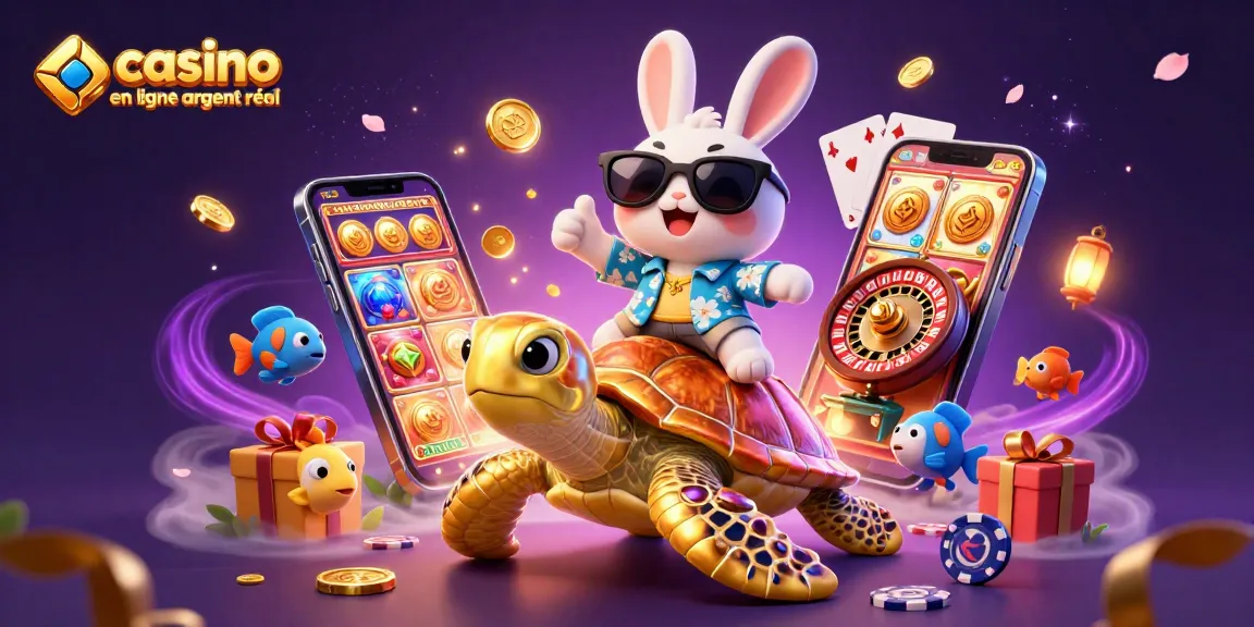 Jouez dans un casino en ligne argent réel avec cette illustration dynamique et colorée, mettant en scène des symboles de chance et de jeux.