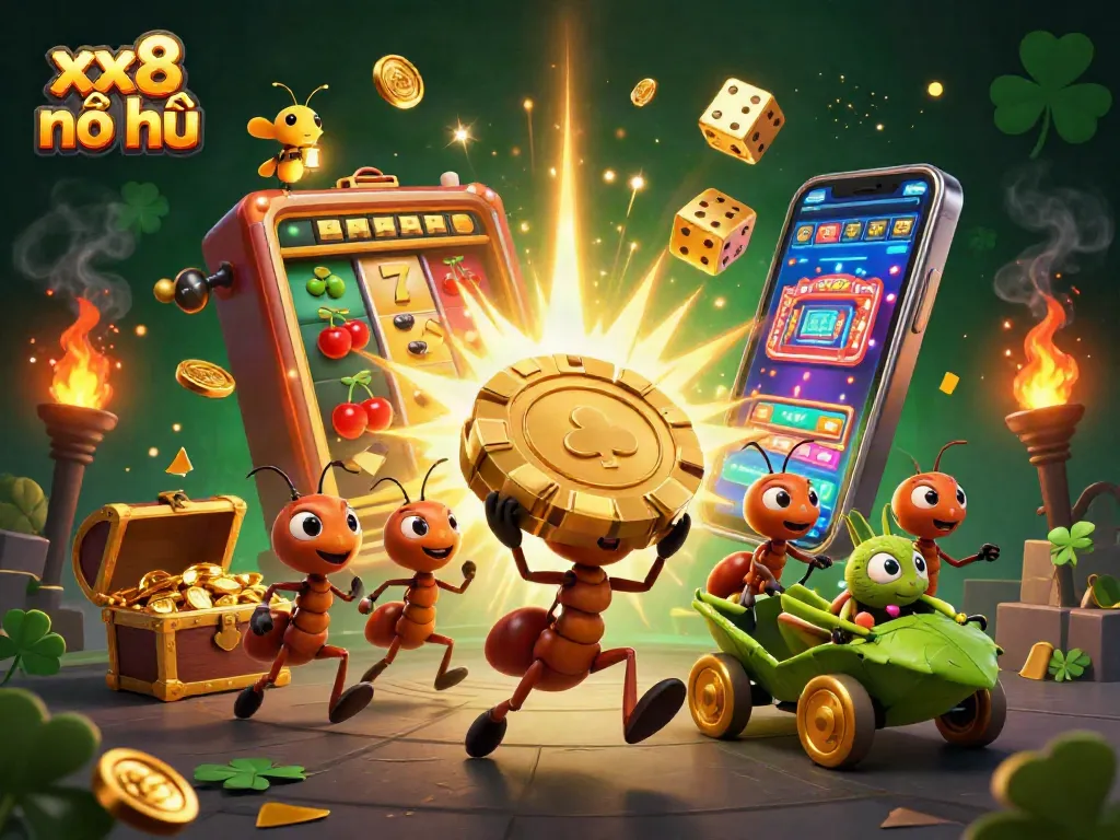 Experience the thrill of xx8 nổ hũ with playful ants stealing a golden chip amidst a jackpot explosion.