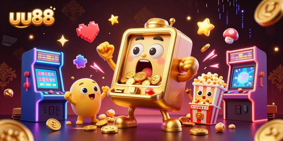 uu88 slot machine celebrates winning jackpot with gold coins, dynamic casino scene.