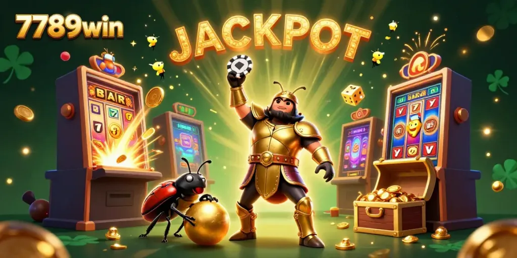 Play and win at 7789win with a vibrant 3D casino scene showcasing characters celebrating a jackpot
