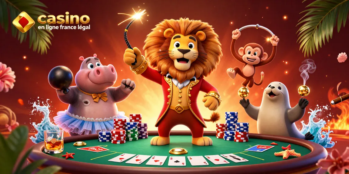 Plongez dans l'univers des jeux avec casino en ligne france légal, illustré par un lion magicien et des animaux colorés.