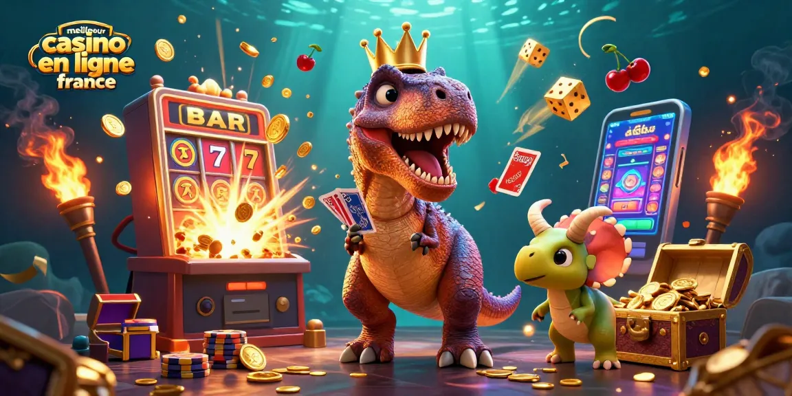 Une illustration 3D dynamique mettant en scène un T-Rex jouant aux cartes dans le meilleur casino en ligne France