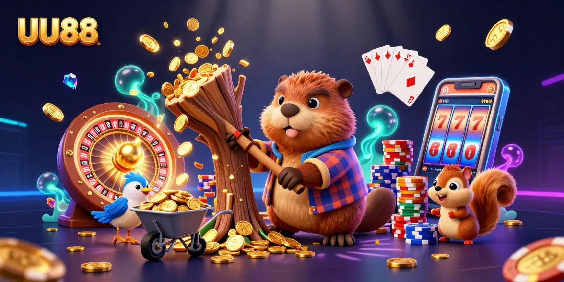UU88 engages players with a vibrant 3D scene featuring a beaver, bird, and squirrel in a rich casino setting.