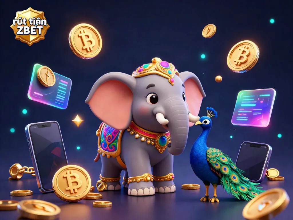 Experience the vibrant gaming atmosphere with rút tiền ZBET through colorful 3D characters and crypto elements.