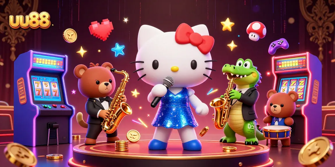 Play exciting games at uu88, featuring vibrant 3D characters and casino elements in a lively scene.