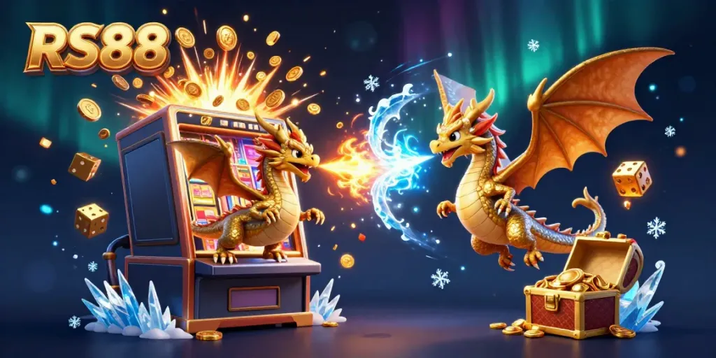 Experience the excitement of RS88 with vibrant dragons, slot machines, and a treasure-filled scene.