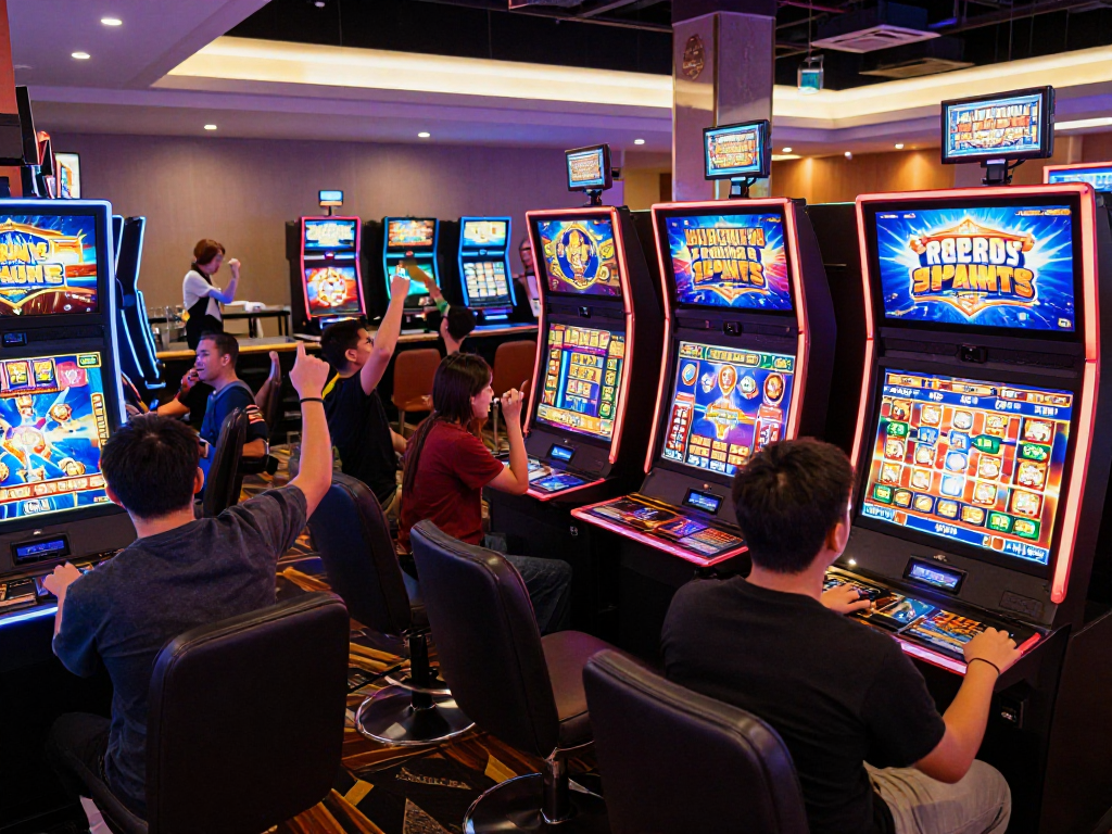 Exciting scene showcasing players enjoying situs slot online games in a lively casino atmosphere, celebrating jackpots.