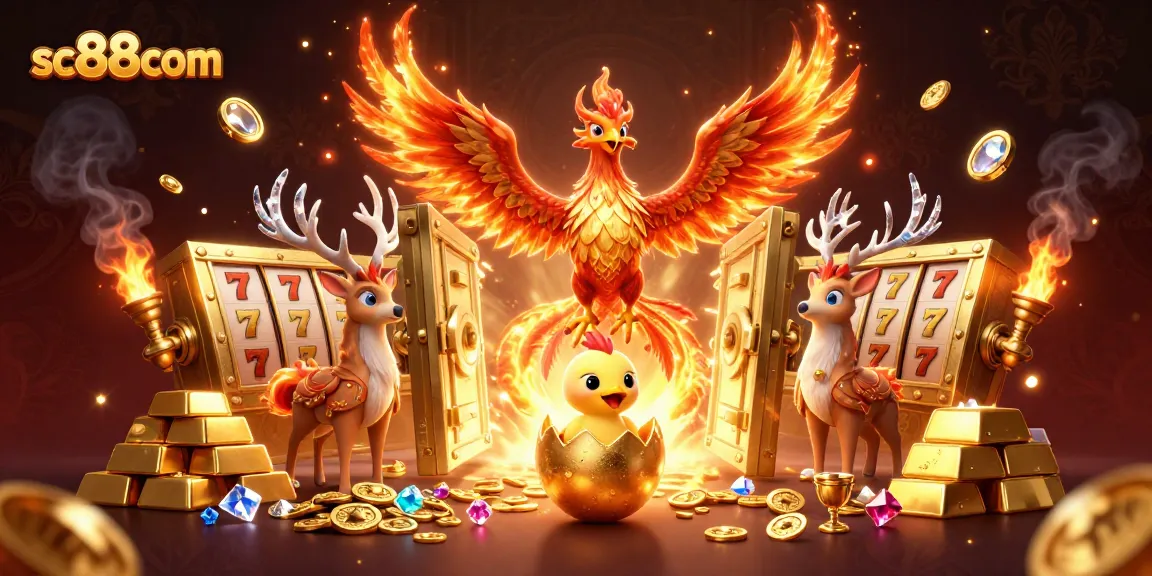 Engage with sc88com's vibrant gaming experience featuring a fire phoenix and rich casino elements.