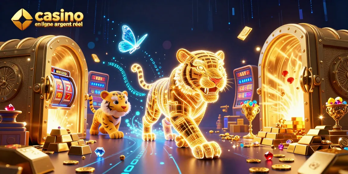Découvrez le casino en ligne argent réel avec des symboles de jackpot, des pierres précieuses et un tigre néon en 3D.