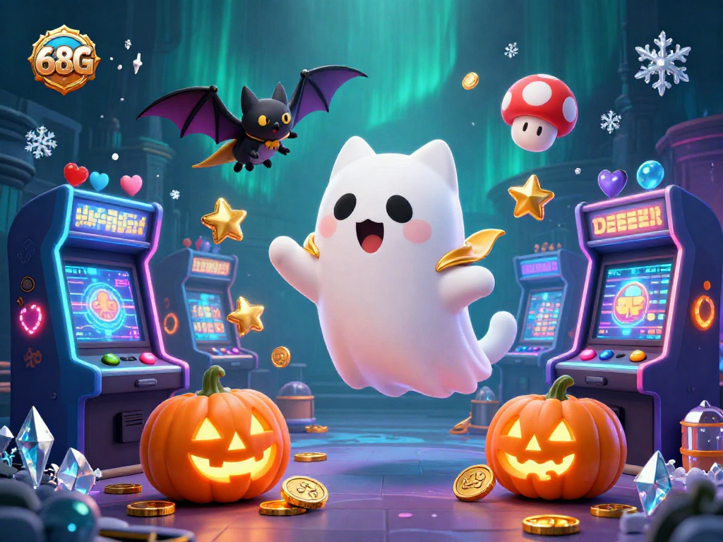 Aproveite a magia do cassino com 68G, uma ilustração vibrante de gatos fantasmas e ação arcade.