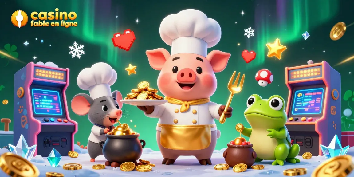 Illustration colorée d'un casino fiable en ligne avec un chef, une souris et une grenouille entourés de machines à sous.