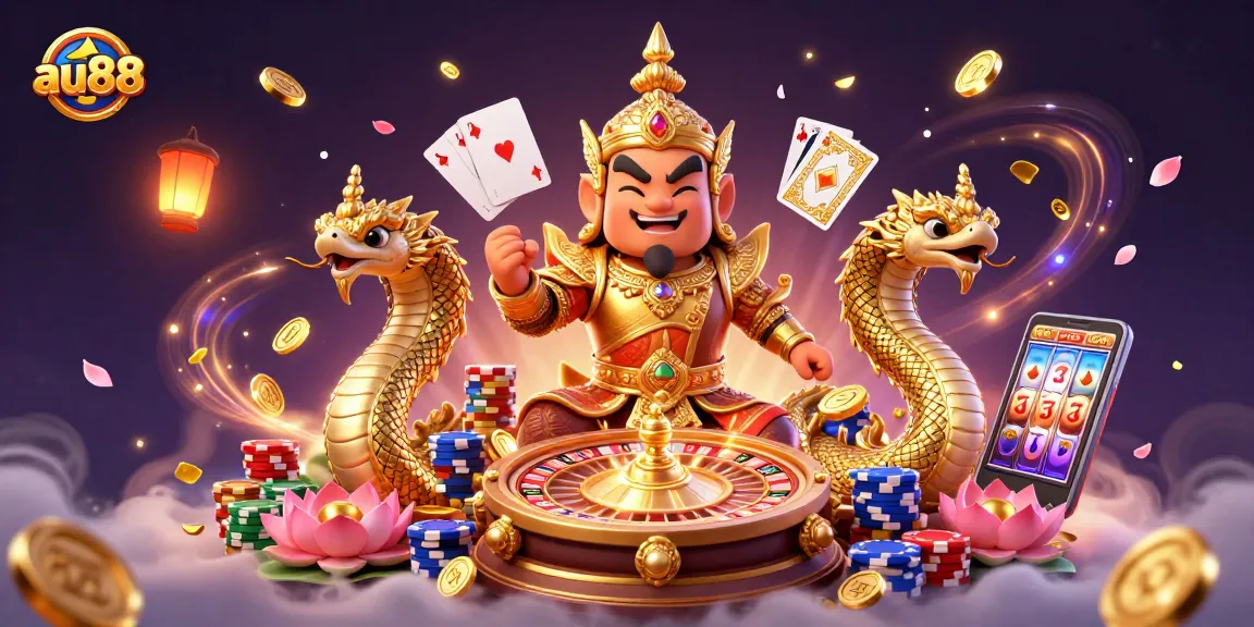 Join the excitement at au88 with a vibrant casino scene featuring golden coins, 3D characters, and lively gameplay elements.