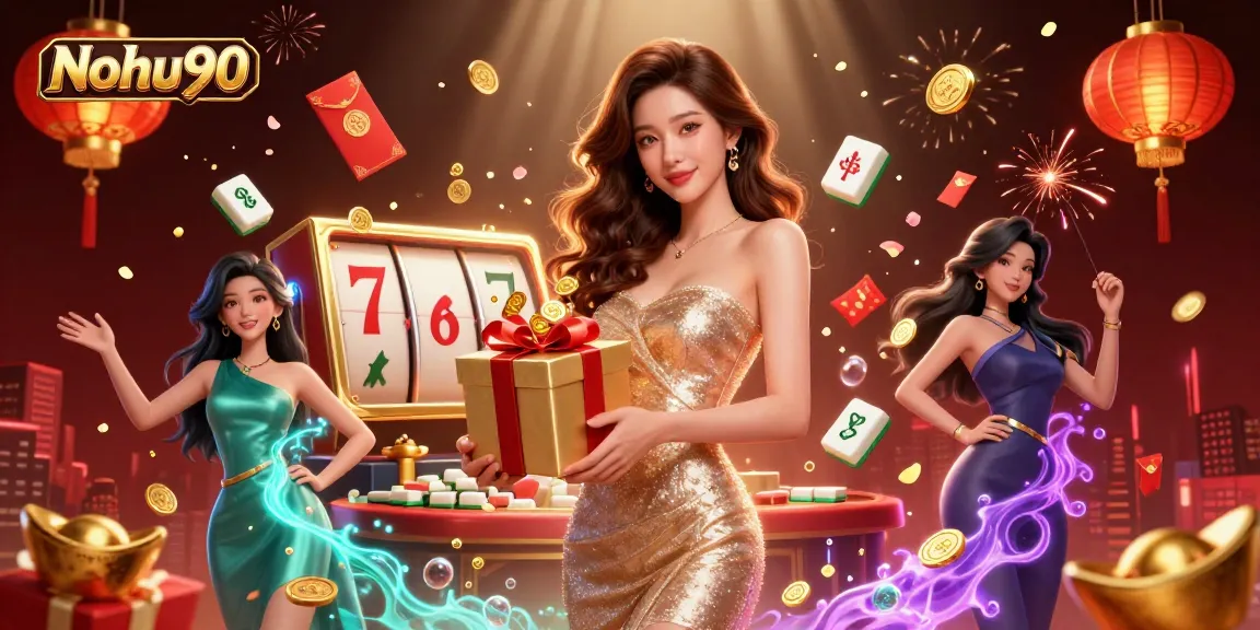 Nohu90 players enjoy vibrant slot action with golden coins and festive decor.