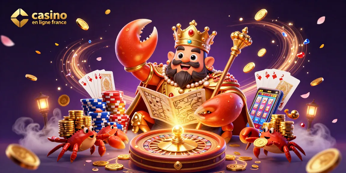 Jouez au casino en ligne France avec cet impressionnant crabe en or et ses serviteurs, illuminé par des pièces en cascade et un fond captivant.
