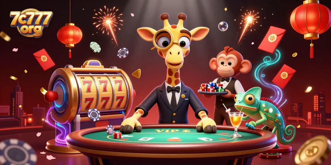 Gamble with style at 7c777 org featuring a high-roller giraffe at a vibrant poker table.