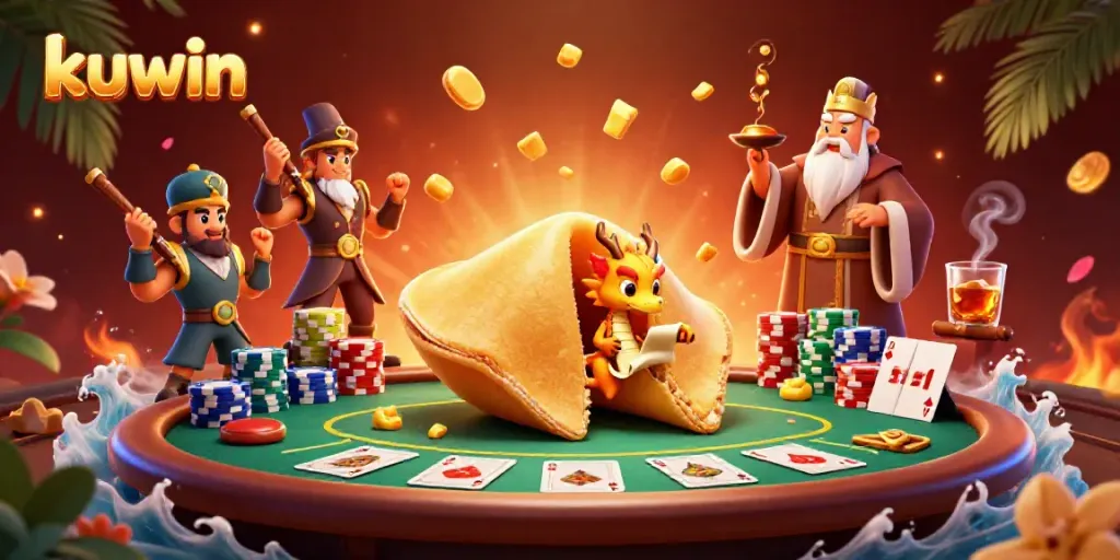 Engage with kuwin's thrilling casino experience highlighted by a golden fortune cookie and dynamic poker elements.