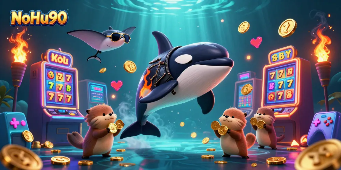 Spin the reels with NoHu90, featuring an orca whale, stingray, and sea otters in a vibrant casino scene.