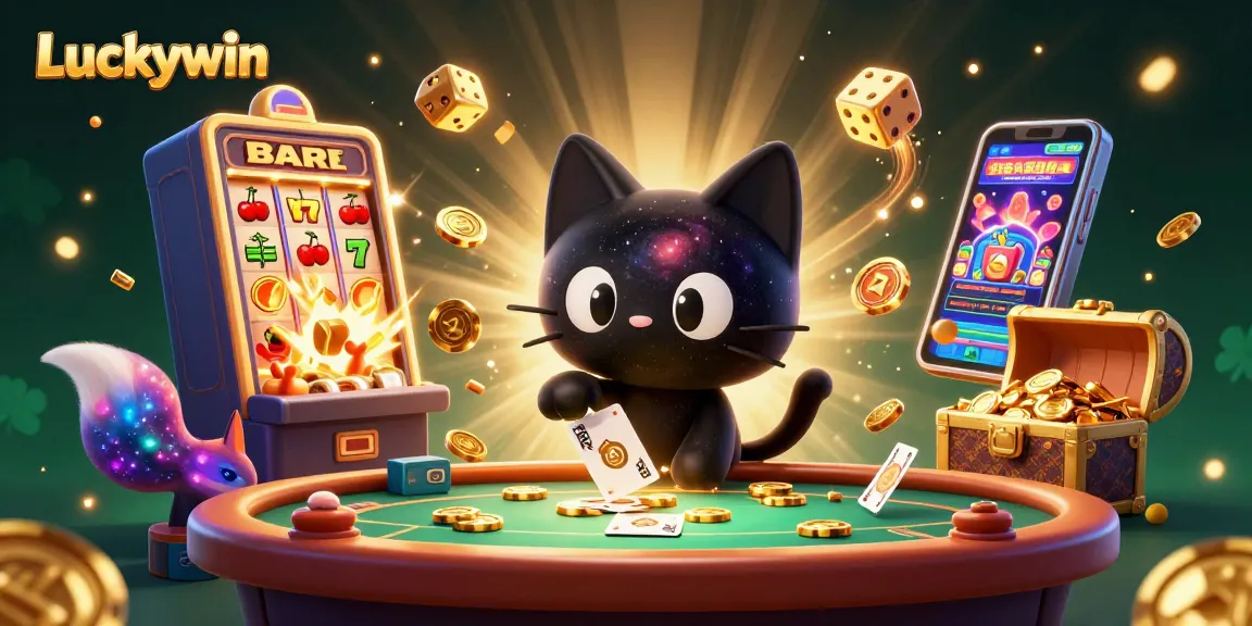 Experience excitement at Luckywin casino with a cosmic cat and colorful fox in a vibrant slot scene.