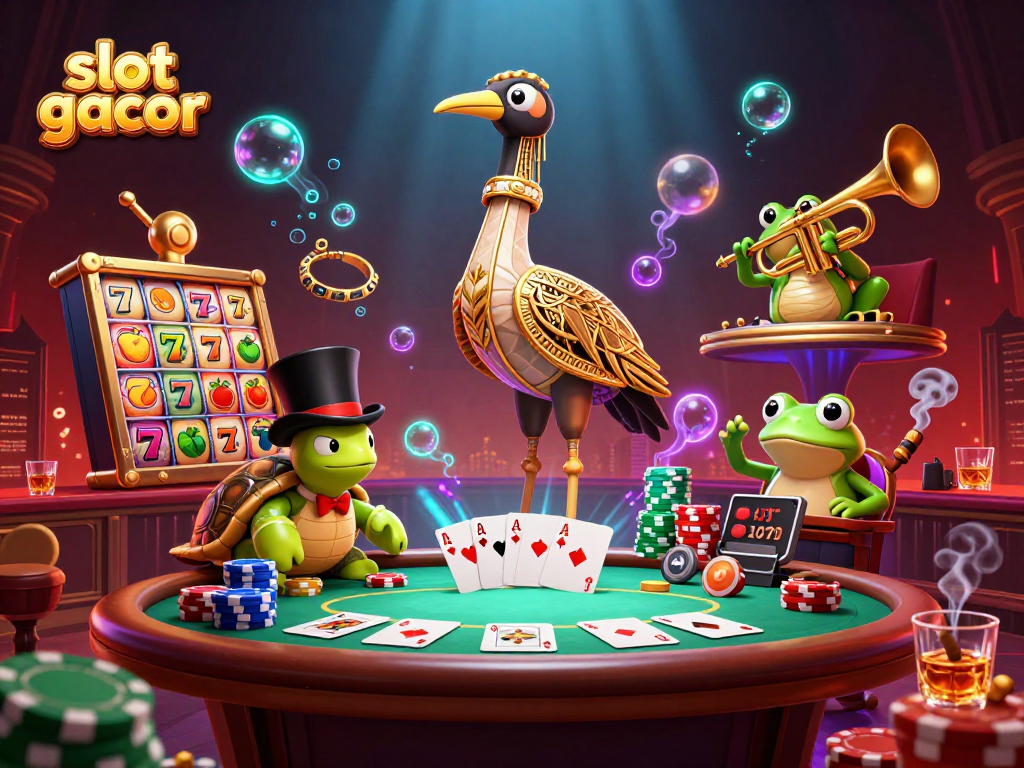 Spin the slot gacor reels in a vibrant speakeasy with whimsical characters and casino elements.