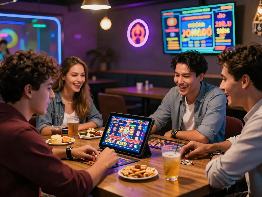 Excited group enjoying bonus new member 100 while playing slots together at a vibrant casino.
