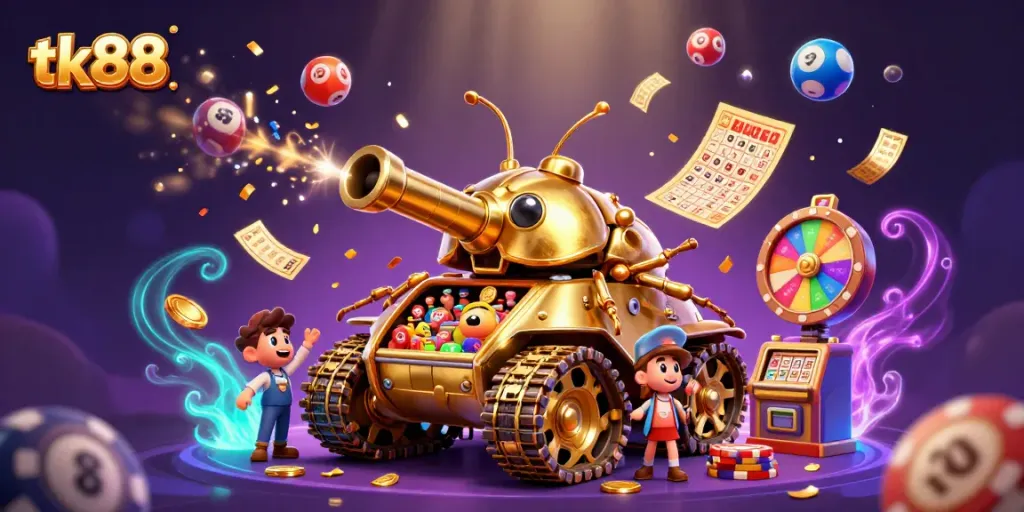 Engage with the vibrant tk88 casino experience inside a golden beetle tank, bursting with lottery elements.