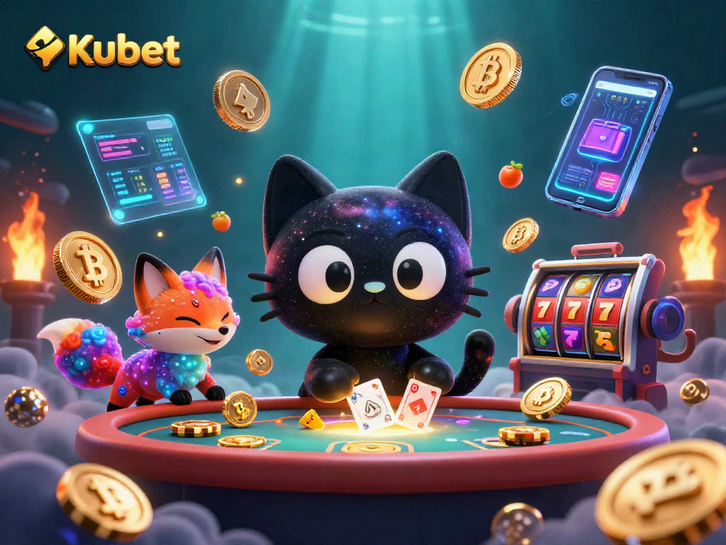 Kubet cat charming chips and cards at a vibrant cosmic casino with nebula fox companion.