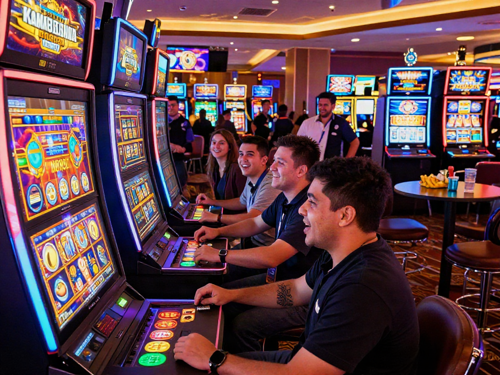 Players celebrating a jackpot win on slot server kamboja machines in a dynamic casino environment.