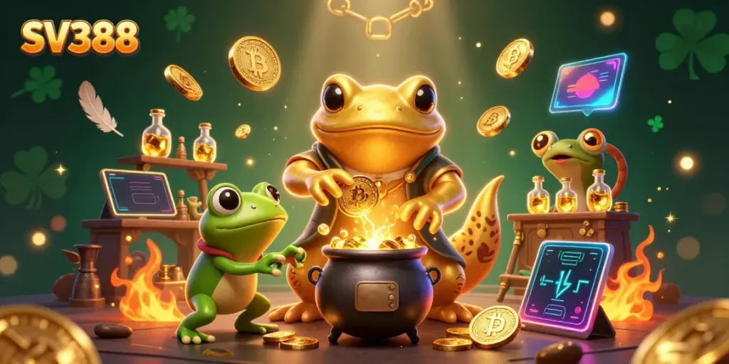 Engage in the thrilling SV388 cockfighting scene with dynamic characters and golden coins.