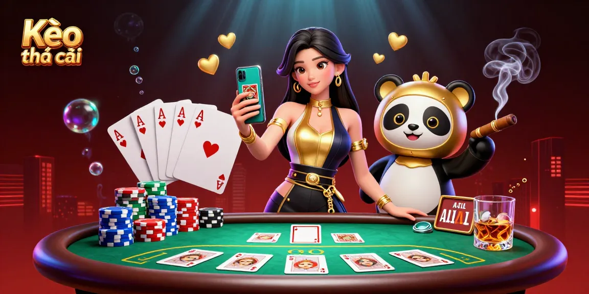 Kèo nhà cái showcases an Asian woman and a panda mascot in an exciting casino scene with vibrant poker and winning elements.